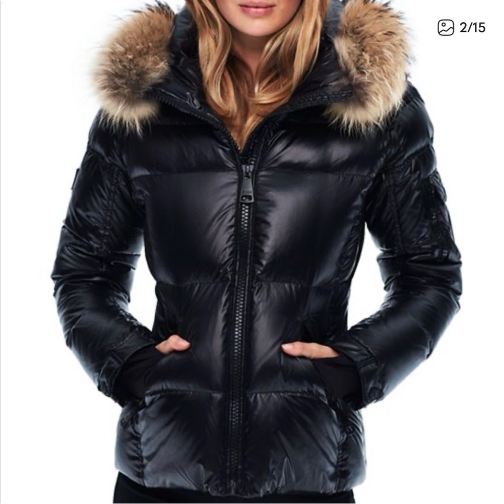 SAM. Black Shiny Blake Down Puffer Racoon Tan Fur Hood Thumb Hole Cuff XS - Picture 2 of 16